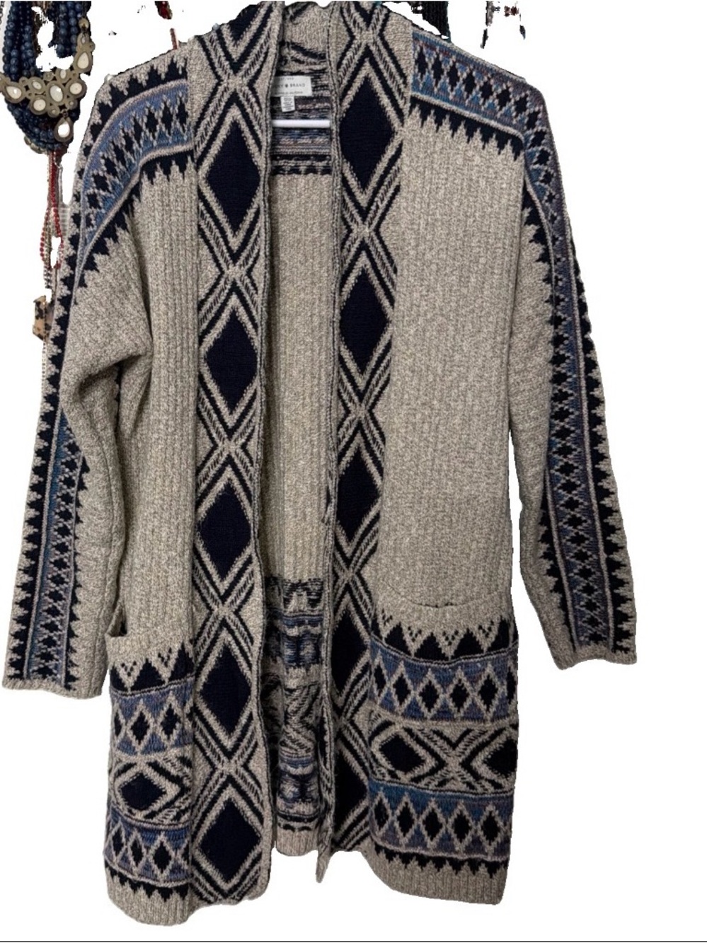 Lucky Brand Gray & Navy Geometric Open-Front Cardigan